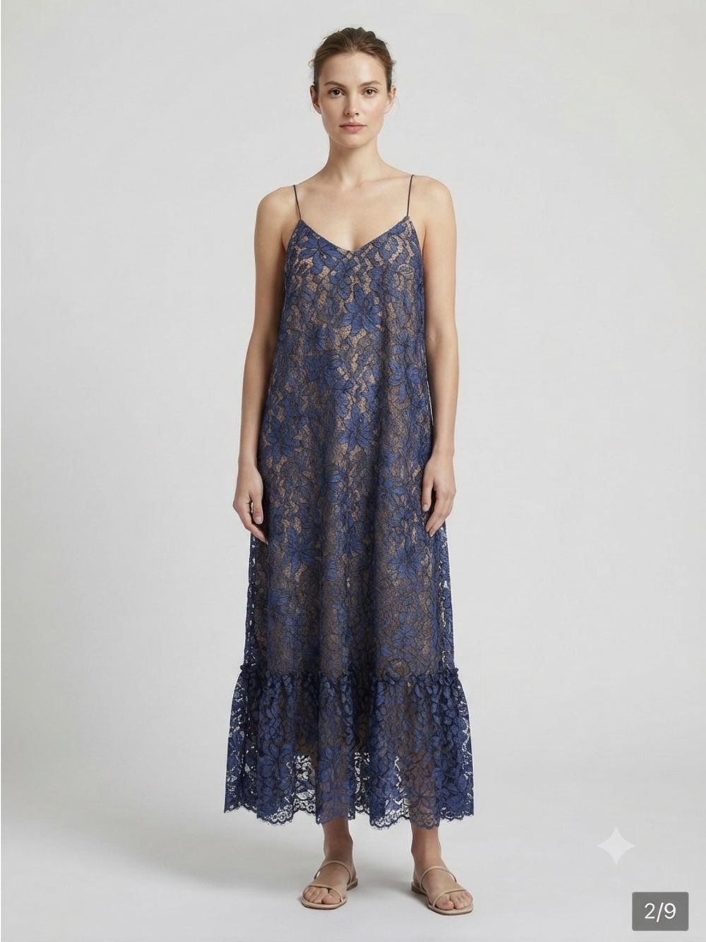 Moulinette Soeurs Blue Floral Lace Midi Slip Dress Ruffle Hem Cross Back US 2